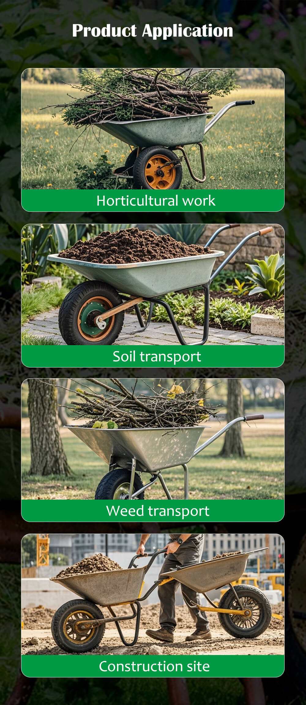 I-WB3800S i-wheelbarrow esindayo isetshenziswa kuhlelo lokusebenza olusebenzayo lwezolimo nokwakheka kwezwe