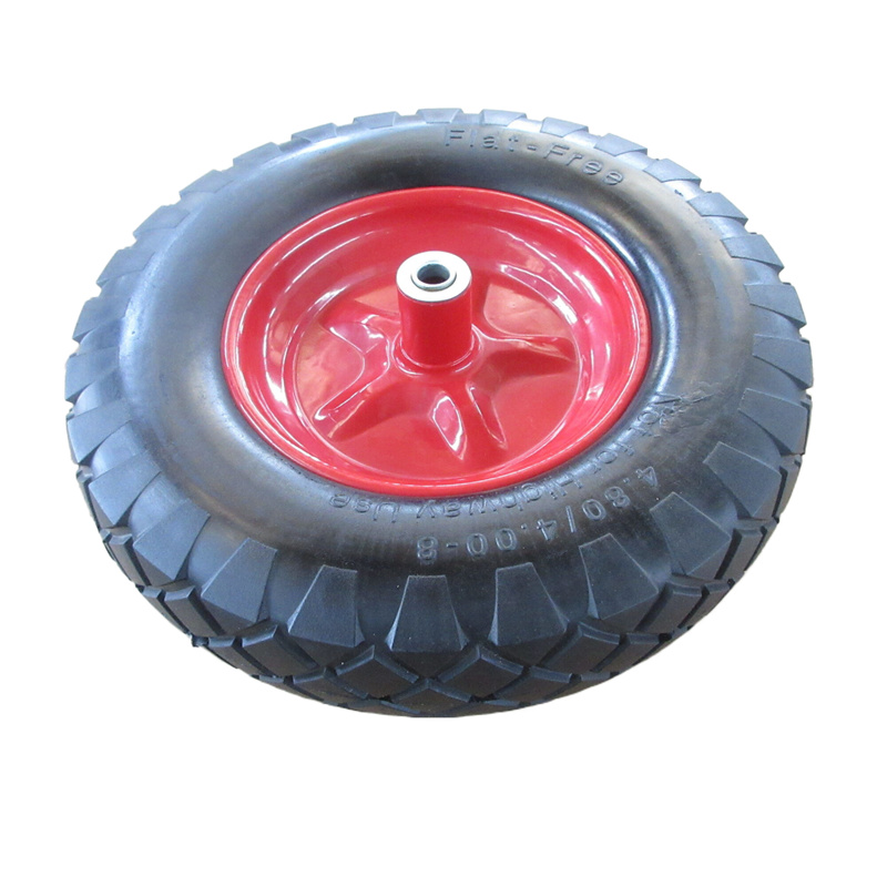 Side profile of the flat-free polyurethane wheelbarrow tire showcasing the heavy-duty red steel rim and precise manufacturing