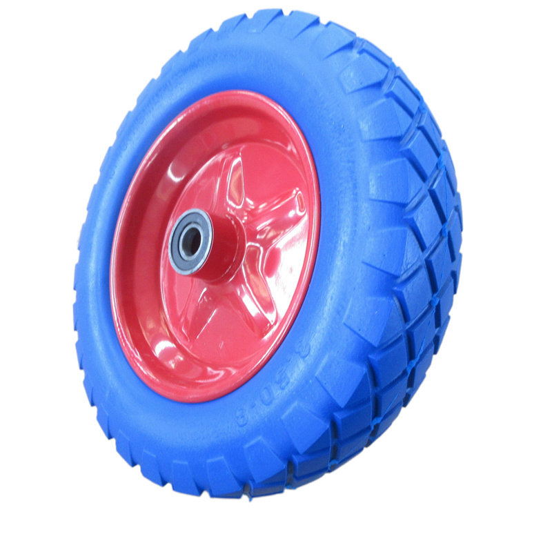 Close up view of the durable tread pattern on the 16 inch PU solid wheel for agricultural and construction carts