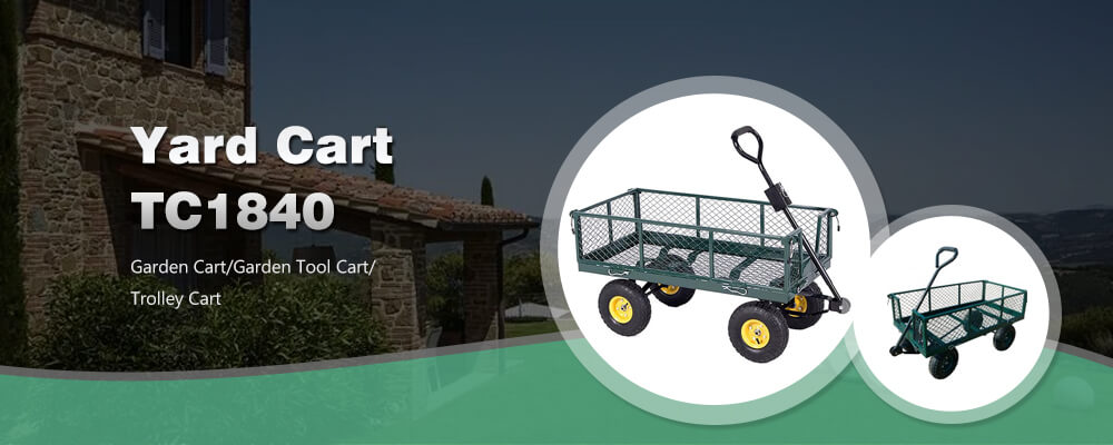 Heavy Duty Cart TC1840 zaparkovan&yacute; před kamenn&yacute;m domem demonstruj&iacute;c&iacute; venkovn&iacute; využit&iacute; pro ter&eacute;nn&iacute; &uacute;pravy a zemědělstv&iacute;