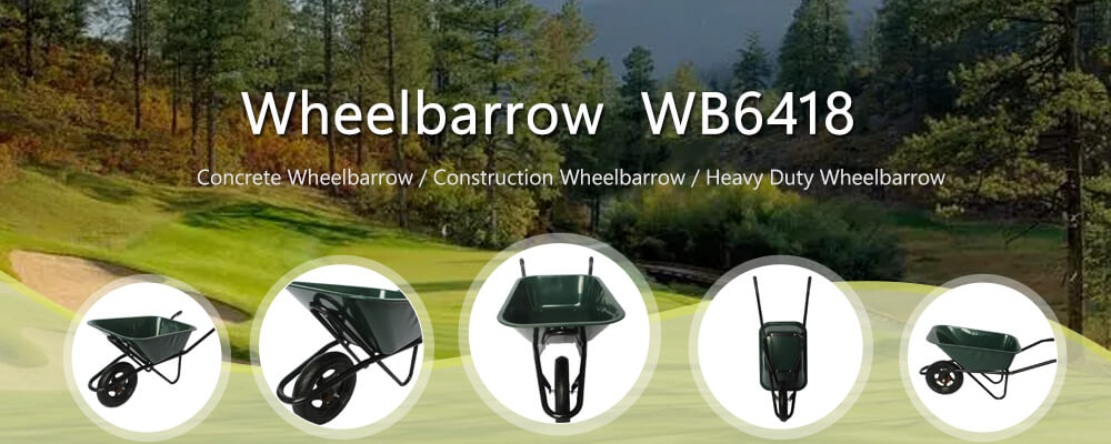 I-90L European Heavy Construction Wheelbarrow WB6418 ukubukwa okuyinhloko okubonisa ithreyi eliwuthayela nesondo eliphefumulayo