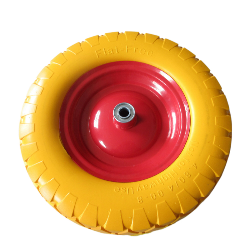 Vista superior de la rueda de carretilla de PU de 16 pulgadas sin pinchazos que muestra una banda de rodadura duradera