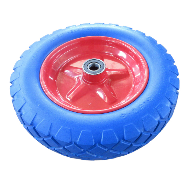 Blue OEM 16 inch Trolley PU Puncture Solid Wheel with red steel rim and zigzag tread pattern for heavy duty wheelbarrows